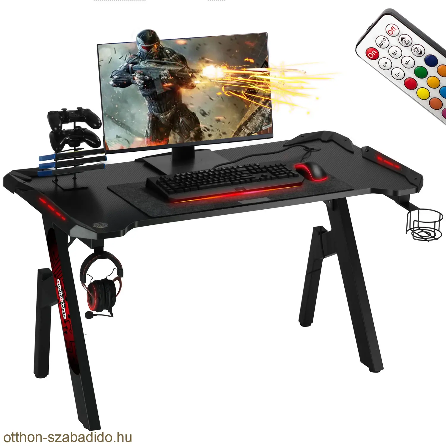 Gamer asztal Carbon design + LED világítás, fejhallgató és pohártatóval