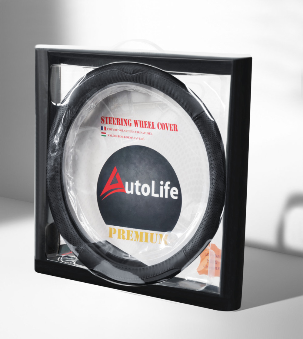 AUTOLIFE DW-5505BK Valódi bőr dobozos kormányvédő szellőző lyukacsos  Fekete varrásos  mintával 
