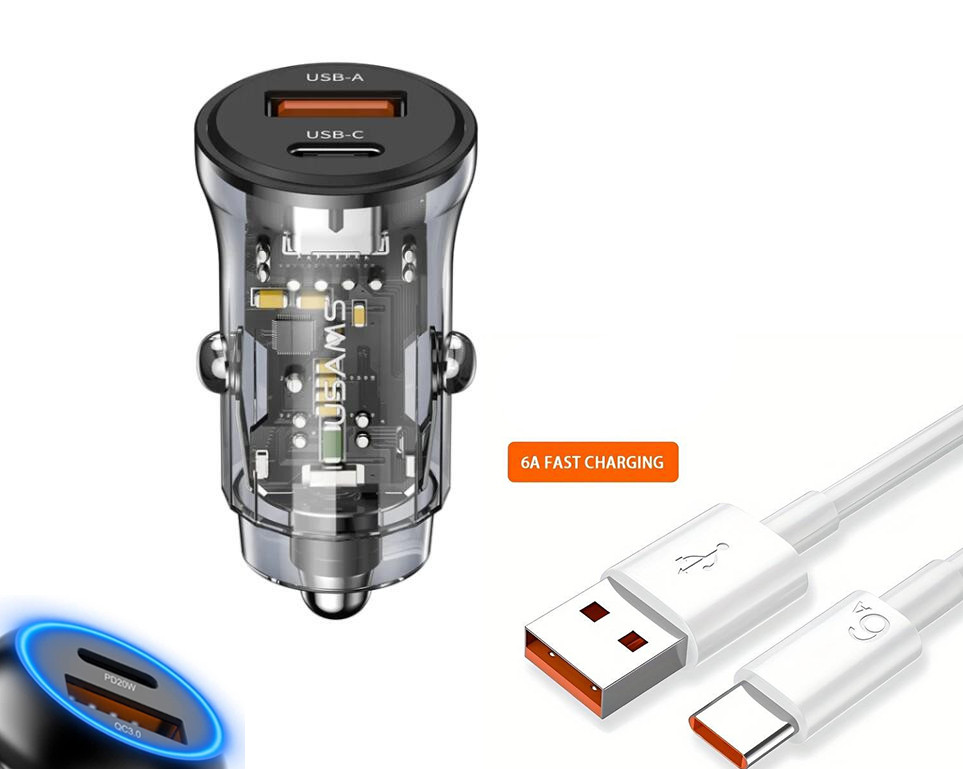 Gyors töltő USB/USB-C + Kábel USB/TIPE-C - 6A 20W 12-24V
