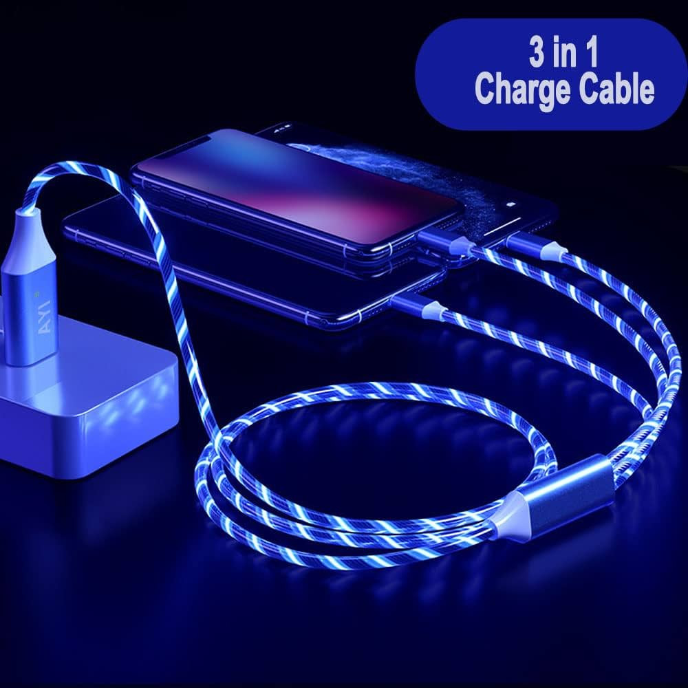 3in1 Micro USB + Type C + Apple LIGHTNING világító LED töltőkábel kábel - kék színben
