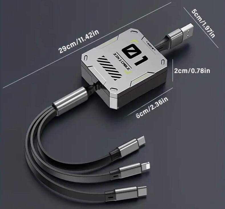 3 az 1-ben visszahúzható fekete USB Type-C töltőkábel Lightning / Micro-USB / USB Type-C
