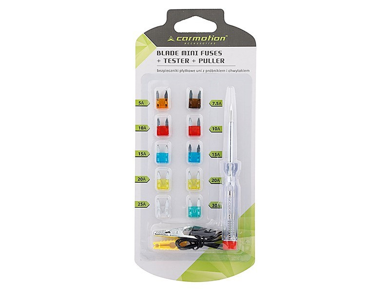 Penge biztosítékok MINI, 10 db + voltmérő 6-24V + megfogó
