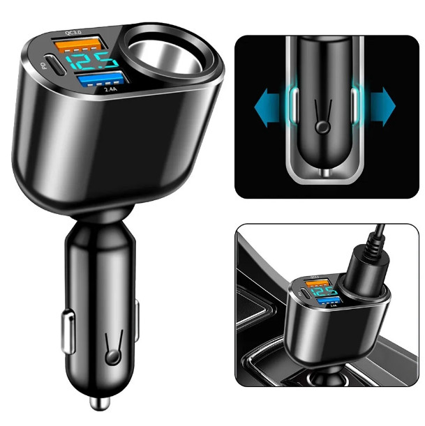 Prémium QC3 autós töltő 3 USB porttal + szivargyújtó

