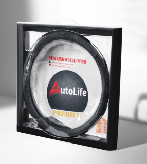 AUTOLIFE DW-5505BK Valódi bőr dobozos kormányvédő szellőző lyukacsos  Fekete varrásos  mintával 
